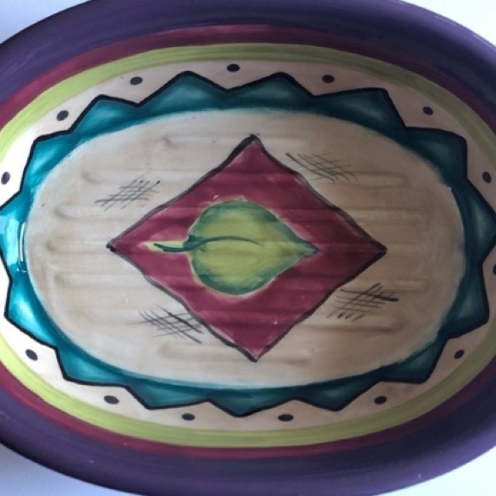 Dish ceramic decorative purple, soft red, turquoise, and lime - Picture 3 of 6